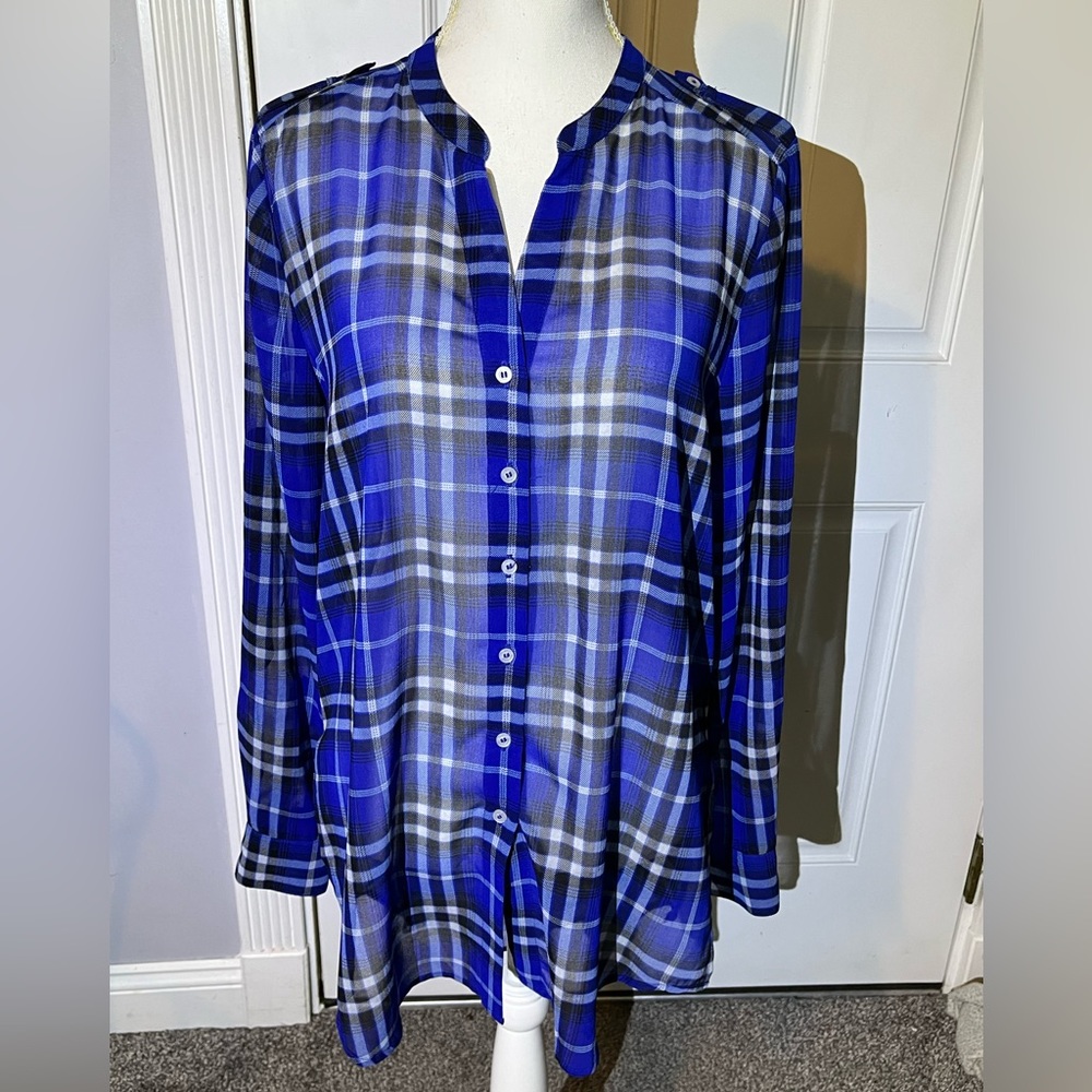 Calvin Klein Blue Flannel Sheer Button Down Shirt/Blouse
